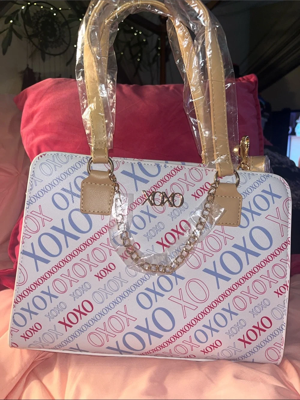 XOXO White Satchel with Red & Blue Logo Print and Tan Handles